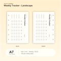 Weekly Tracker Landscape A7 pocket planner insert with size, hole spacing and paper information