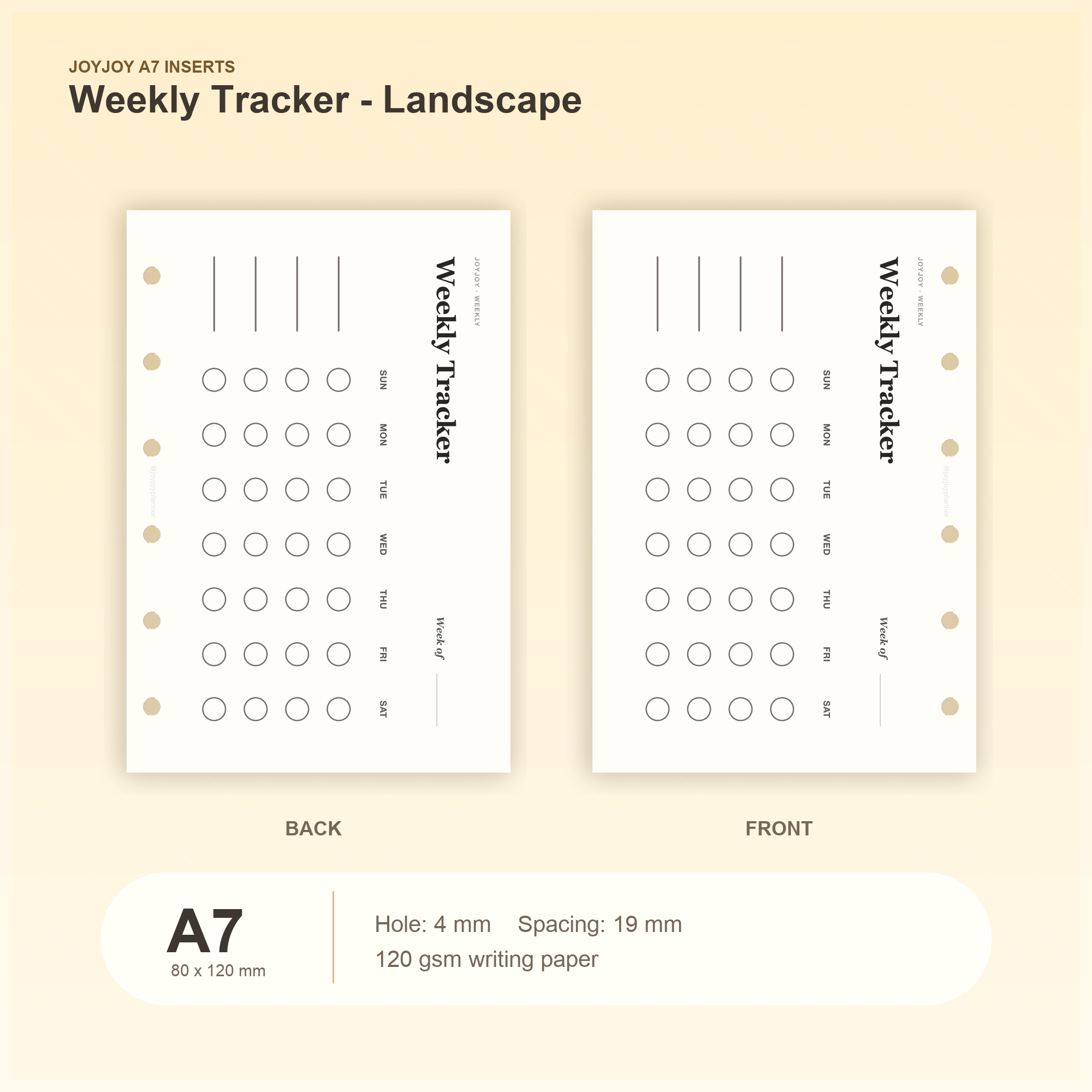 Weekly Tracker Landscape A7 pocket planner insert with size, hole spacing and paper information