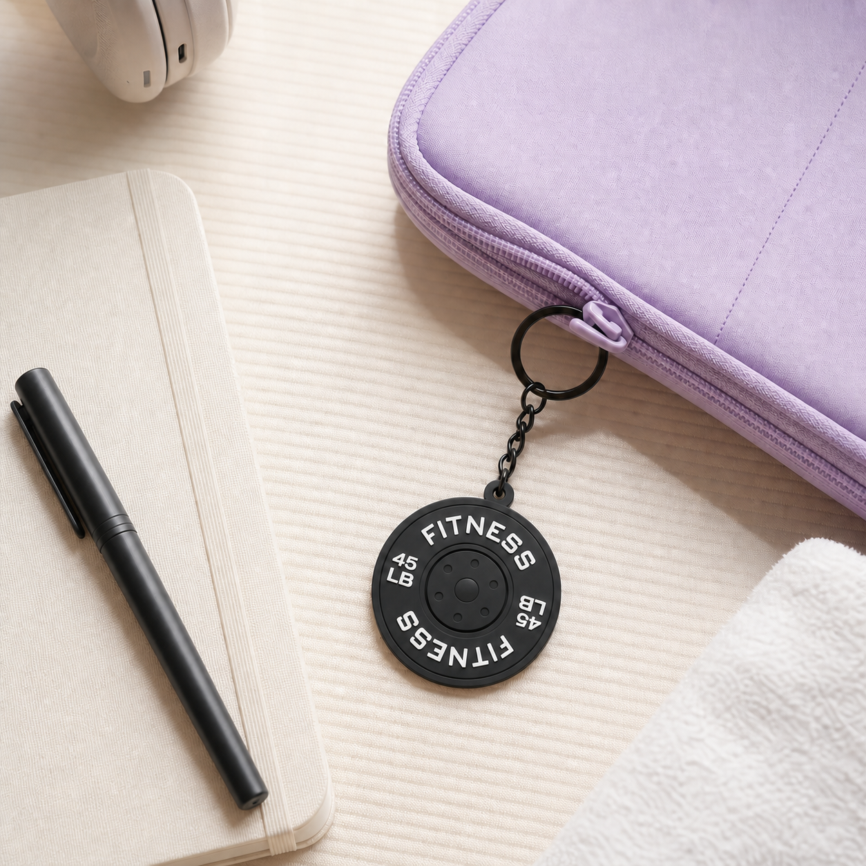 Black gym weight plate charm attached to a lilac workout planner pouch