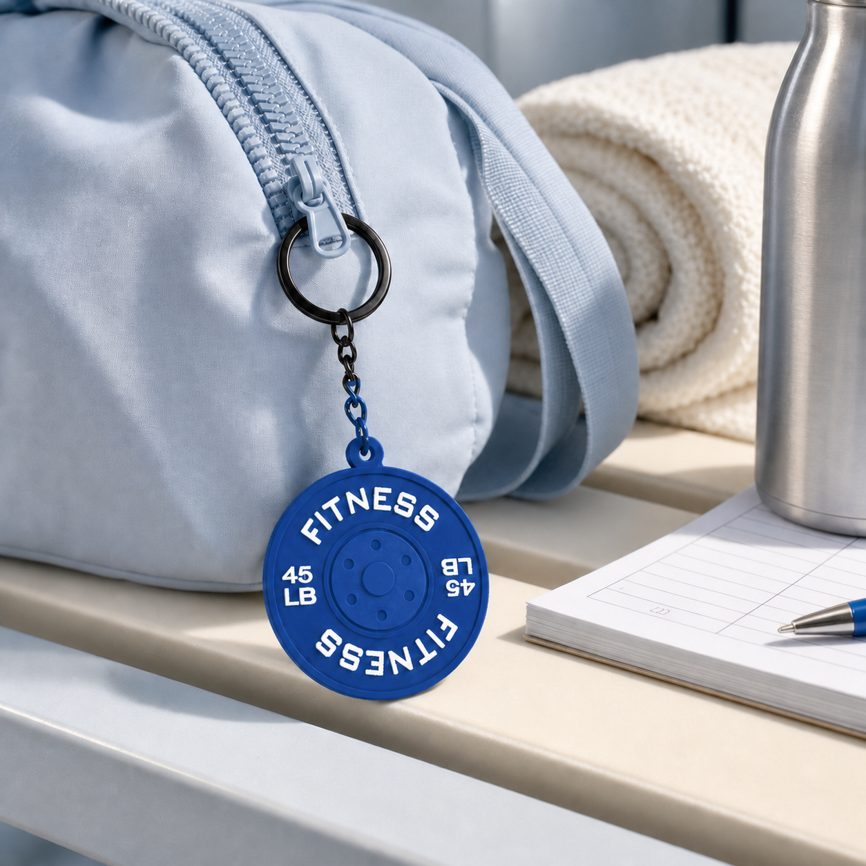 Blue gym weight plate charm attached to a powder blue gym pouch beside a workout log