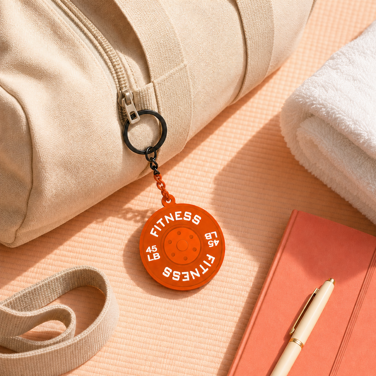 Orange gym weight plate charm attached to a beige gym bag on a peach exercise mat