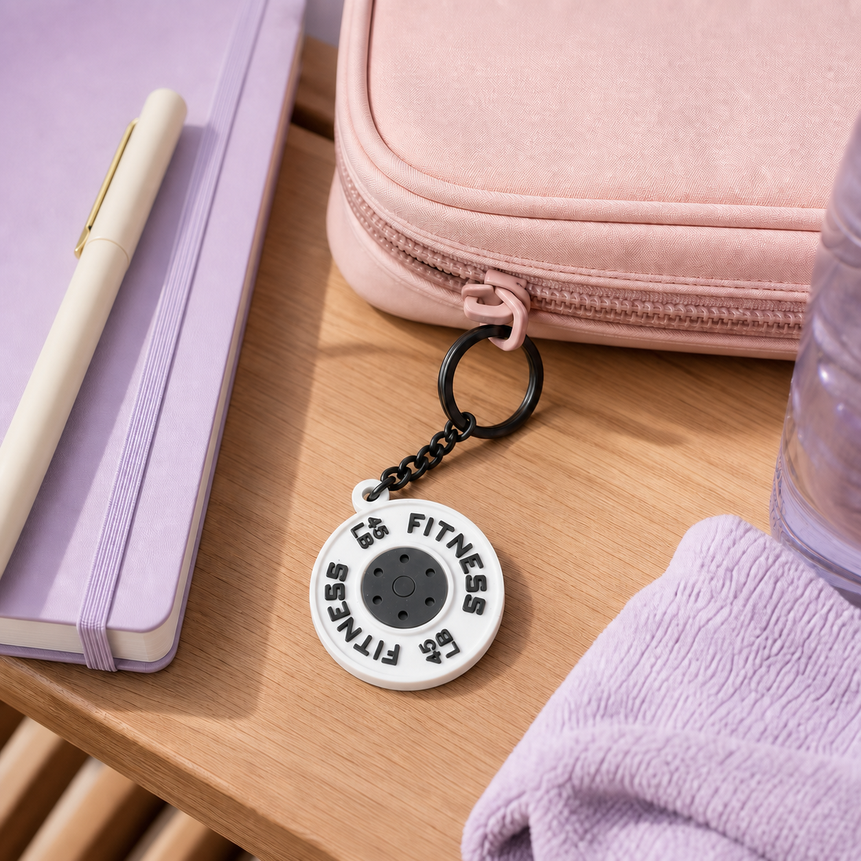 White gym weight plate charm attached to a blush workout planner pouch