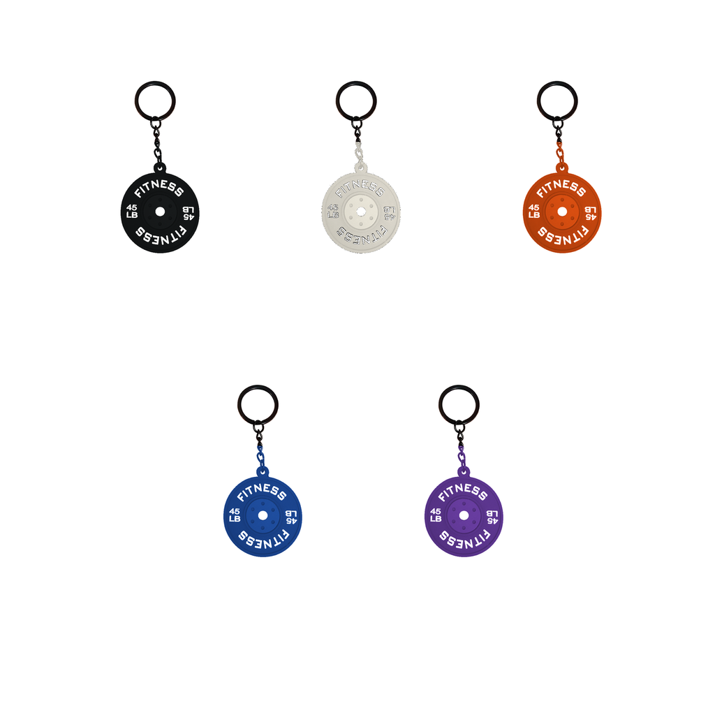Gym weight plate planner charms in black white orange blue and purple on a white background