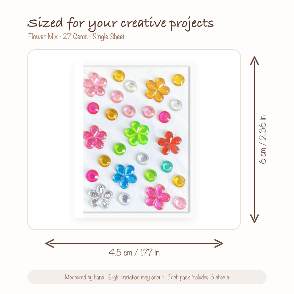JOYJOY SKU SIZE WG-FLOWER-027 | Flower Mix — 27 Gems single sticker sheet size: 4.5 × 6 cm (1.77 × 2.36 in); five sheets included per pack