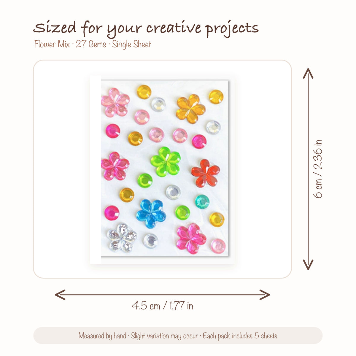 JOYJOY SKU SIZE WG-FLOWER-027 | Flower Mix — 27 Gems single sticker sheet size: 4.5 × 6 cm (1.77 × 2.36 in); five sheets included per pack