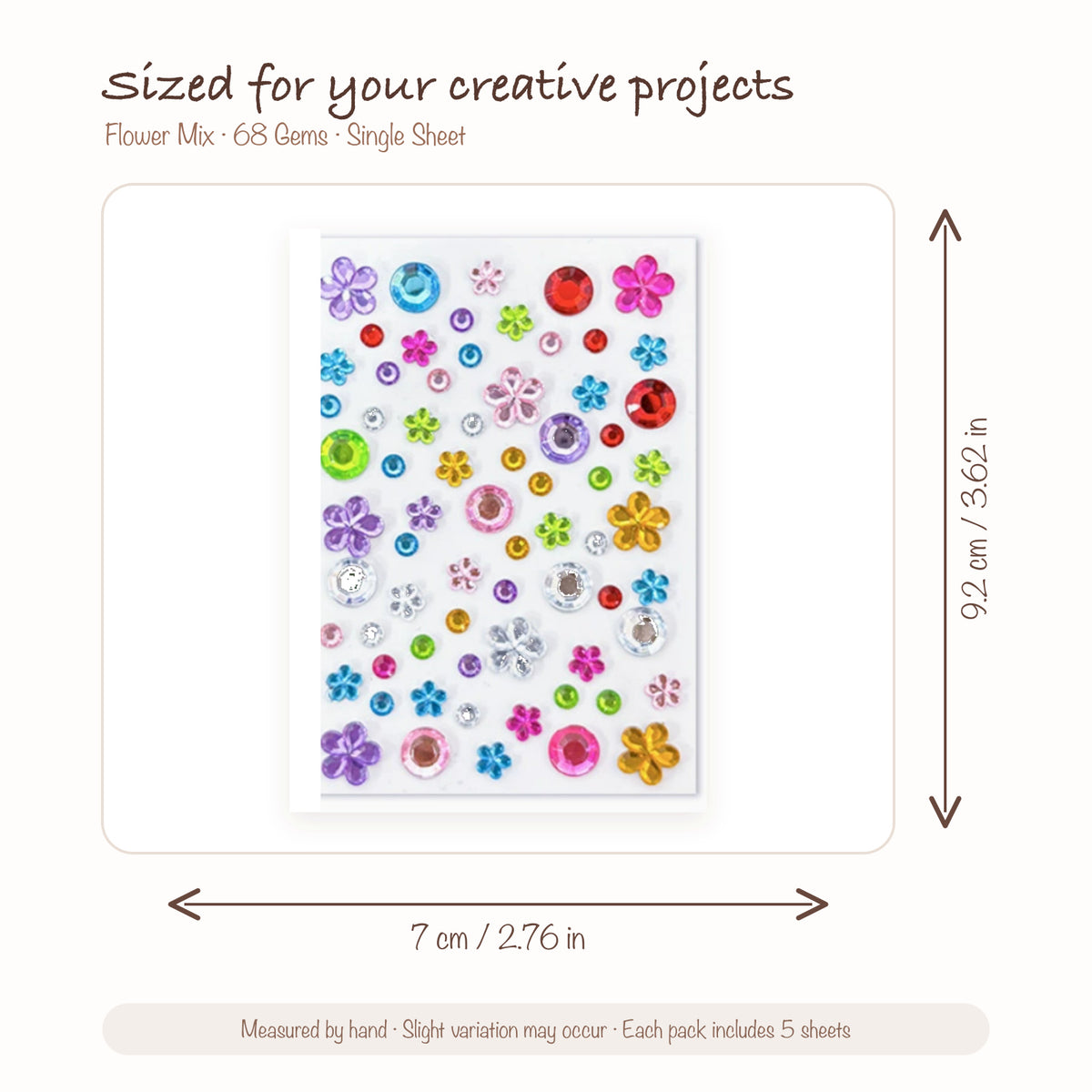 JOYJOY SKU SIZE WG-FLOWER-068 | Flower Mix — 68 Gems single sticker sheet size: 7 × 9.2 cm (2.76 × 3.62 in); five sheets included per pack