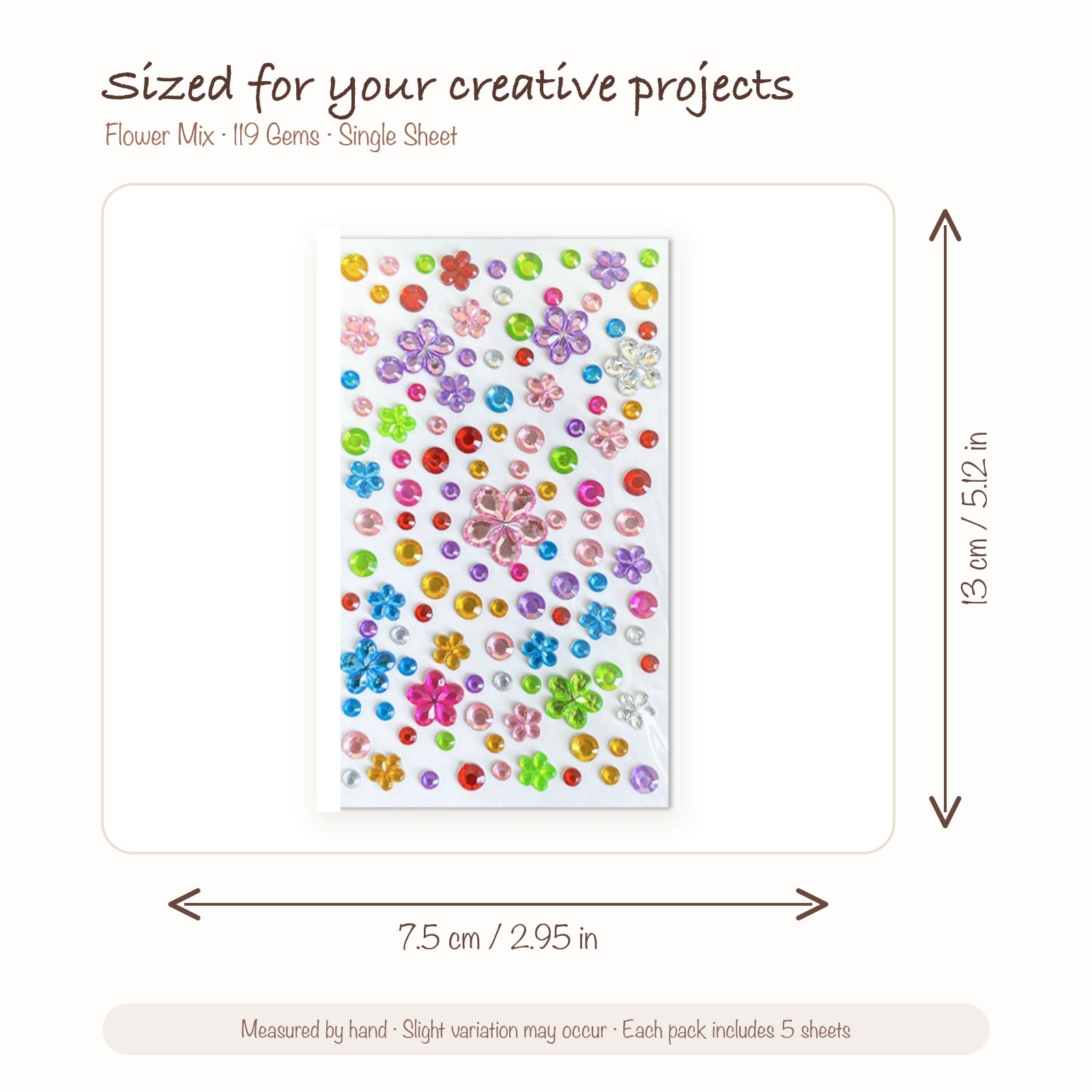 JOYJOY SKU SIZE WG-FLOWER-119 | Flower Mix — 119 Gems single sticker sheet size: 7.5 × 13 cm (2.95 × 5.12 in); five sheets included per pack