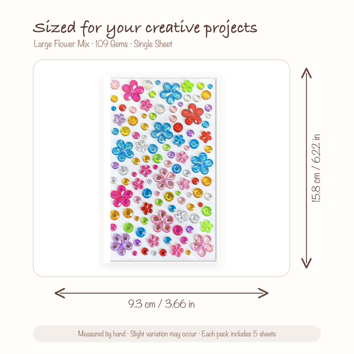 JOYJOY SKU SIZE WG-FLOWER-L109 | Large Flower Mix — 109 Gems single sticker sheet size: 9.3 × 15.8 cm (3.66 × 6.22 in); five sheets included per pack