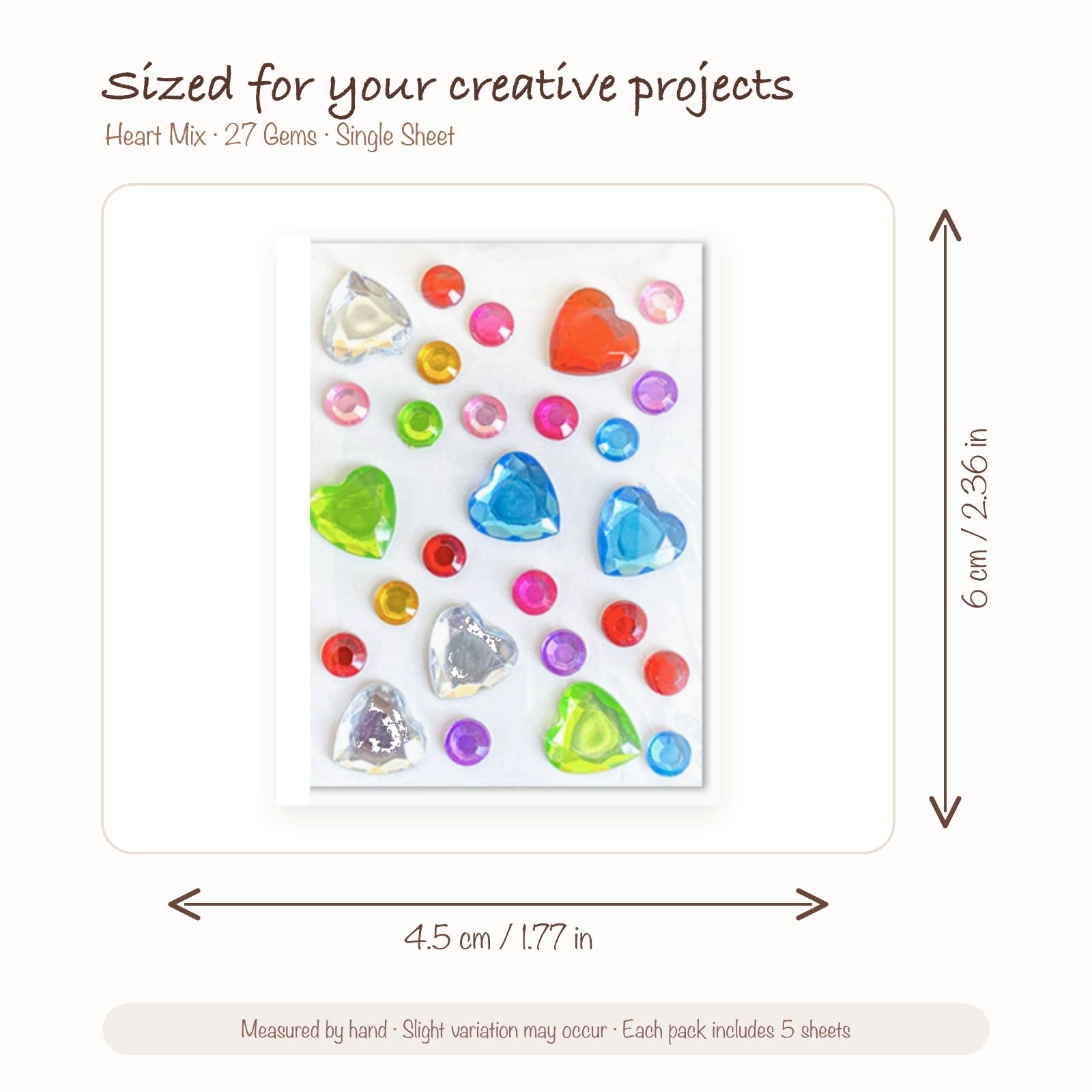 JOYJOY SKU SIZE WG-HEART-027 | Heart Mix — 27 Gems single sticker sheet size: 4.5 × 6 cm (1.77 × 2.36 in); five sheets included per pack