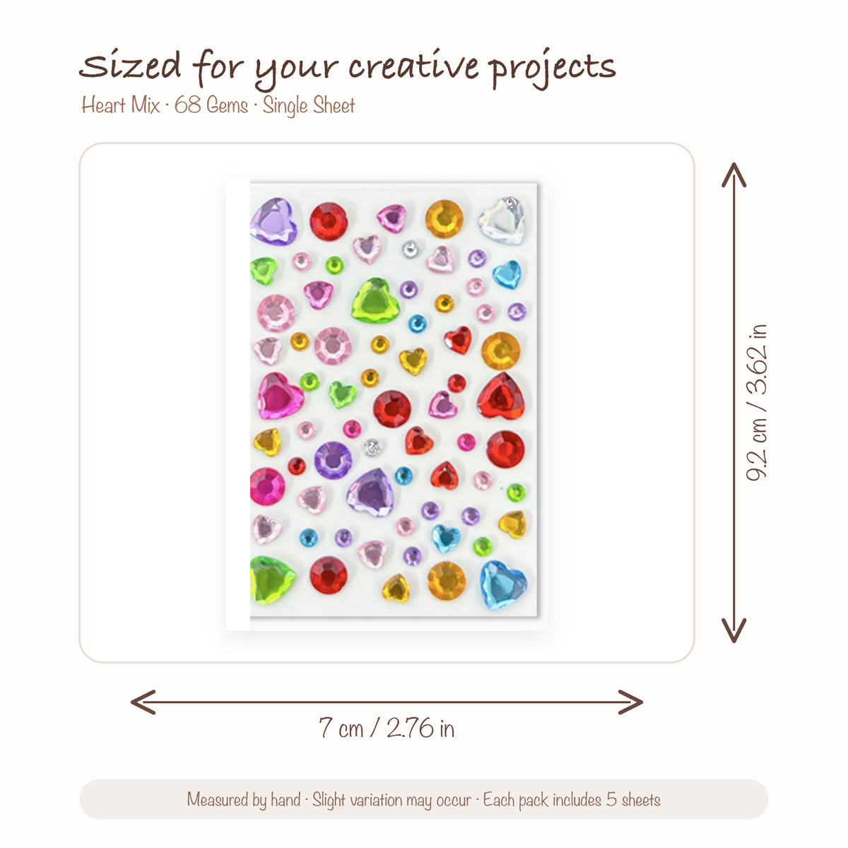JOYJOY SKU SIZE WG-HEART-068 | Heart Mix — 68 Gems single sticker sheet size: 7 × 9.2 cm (2.76 × 3.62 in); five sheets included per pack