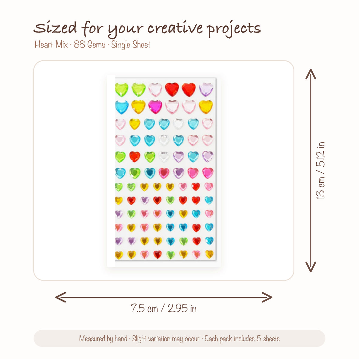 JOYJOY SKU SIZE WG-HEART-088 | Heart Mix — 88 Gems single sticker sheet size: 7.5 × 13 cm (2.95 × 5.12 in); five sheets included per pack