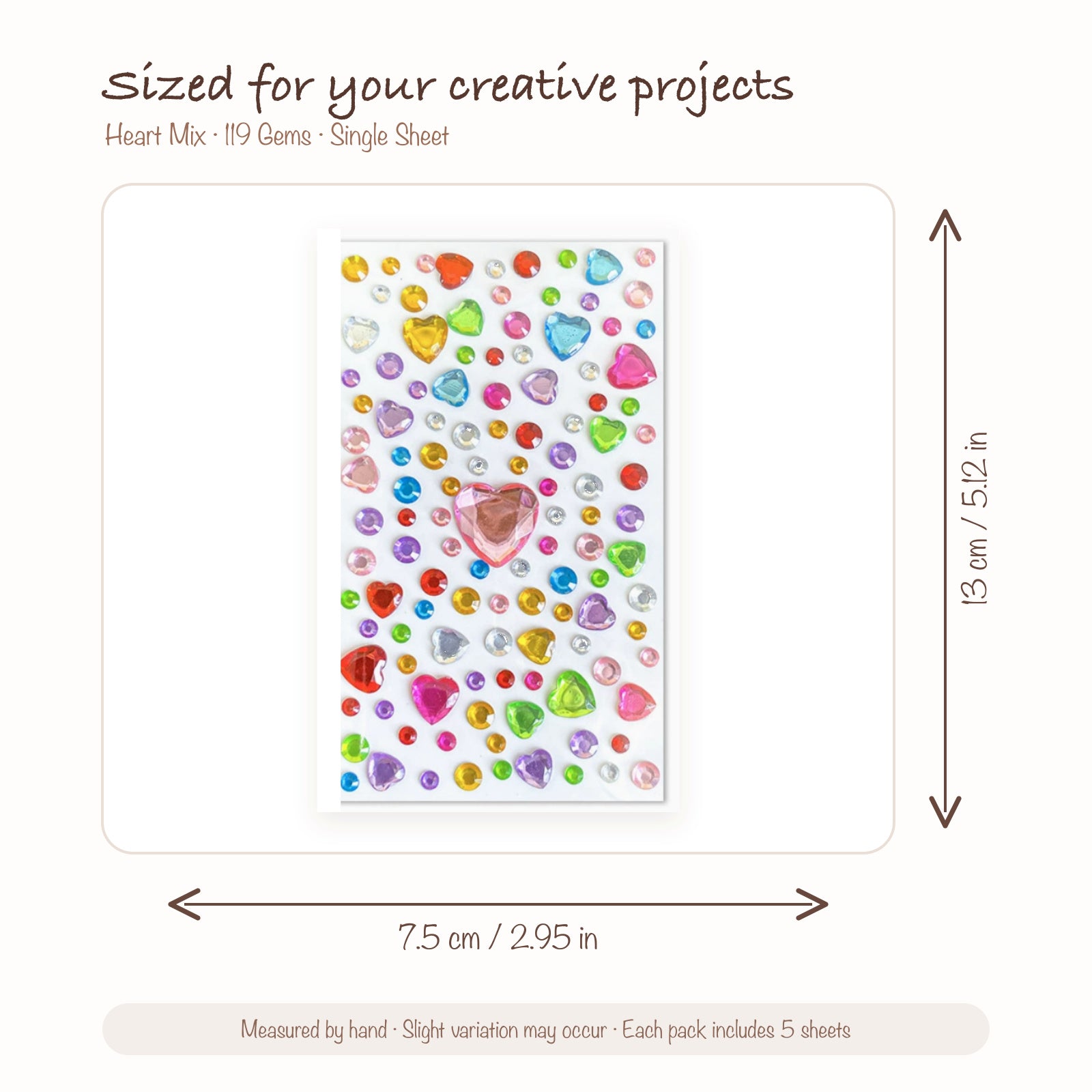 JOYJOY SKU SIZE WG-HEART-119 | Heart Mix — 119 Gems single sticker sheet size: 7.5 × 13 cm (2.95 × 5.12 in); five sheets included per pack