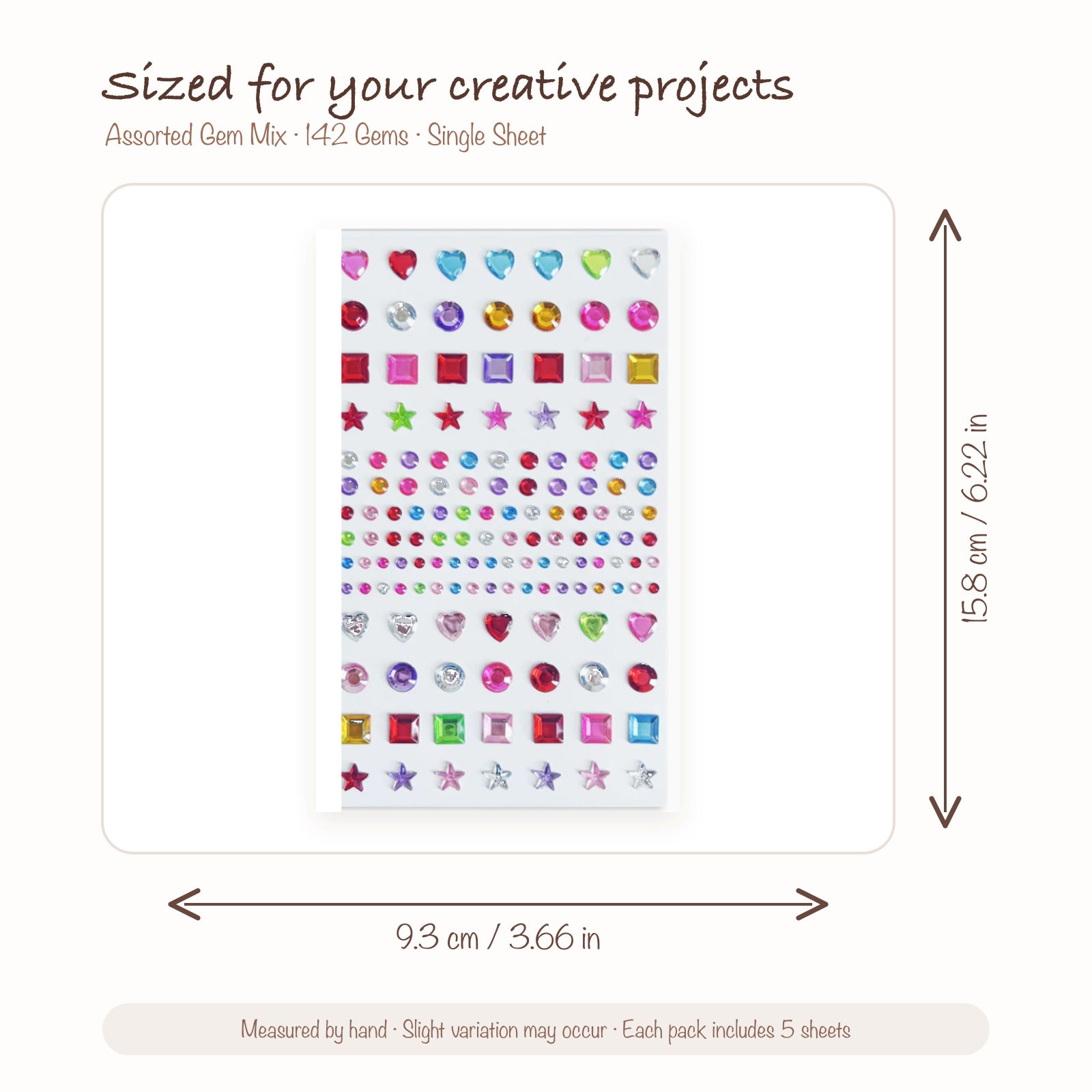 JOYJOY SKU SIZE WG-MIX-142 | Assorted Gem Mix — 142 Gems single sticker sheet size: 9.3 × 15.8 cm (3.66 × 6.22 in); five sheets included per pack