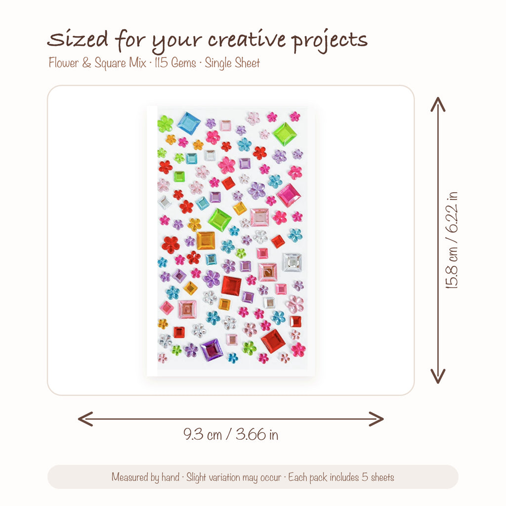 JOYJOY SKU SIZE WG-MIX-FS115 | Flower & Square Mix — 115 Gems single sticker sheet size: 9.3 × 15.8 cm (3.66 × 6.22 in); five sheets included per pack