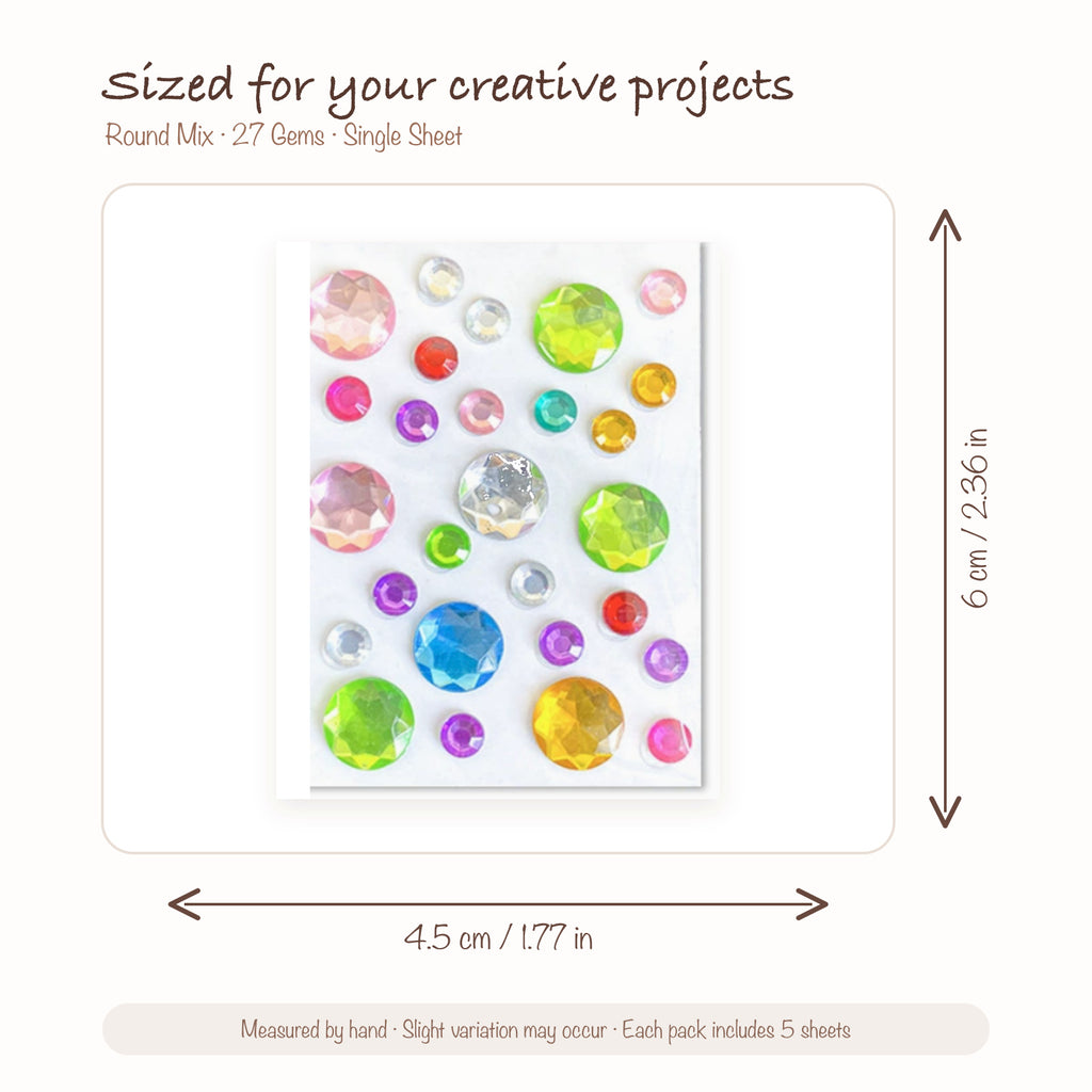 JOYJOY SKU SIZE WG-ROUND-027 | Round Mix — 27 Gems single sticker sheet size: 4.5 × 6 cm (1.77 × 2.36 in); five sheets included per pack