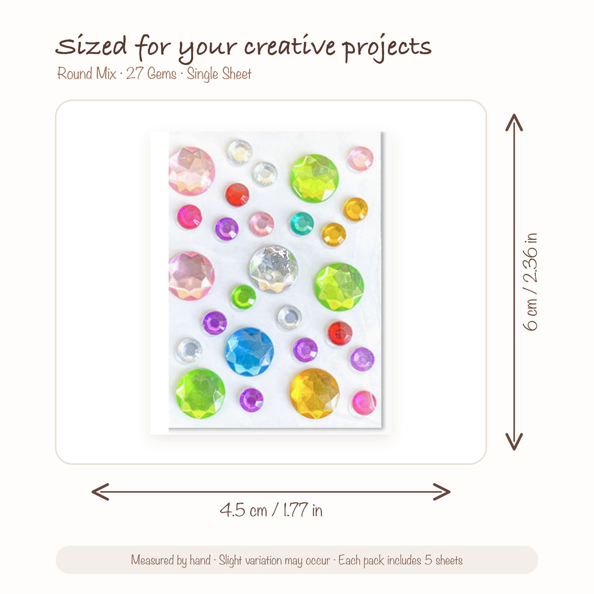 JOYJOY SKU SIZE WG-ROUND-027 | Round Mix — 27 Gems single sticker sheet size: 4.5 × 6 cm (1.77 × 2.36 in); five sheets included per pack
