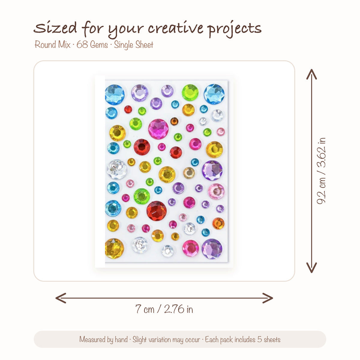 JOYJOY SKU SIZE WG-ROUND-068 | Round Mix — 68 Gems single sticker sheet size: 7 × 9.2 cm (2.76 × 3.62 in); five sheets included per pack