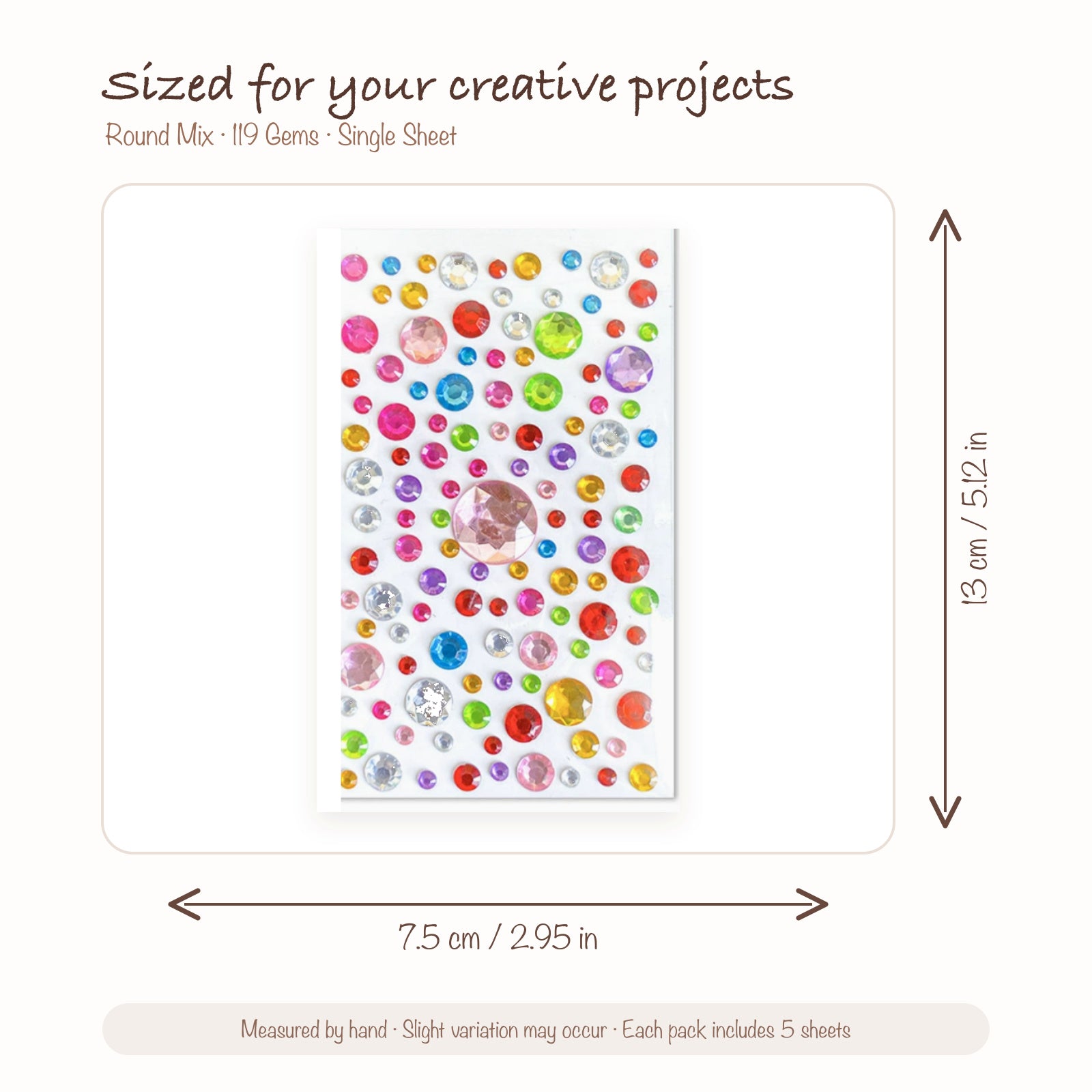 JOYJOY SKU SIZE WG-ROUND-119 | Round Mix — 119 Gems single sticker sheet size: 7.5 × 13 cm (2.95 × 5.12 in); five sheets included per pack