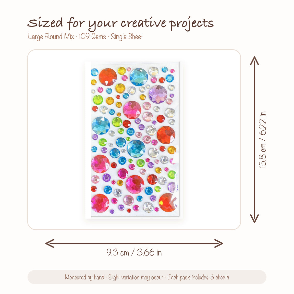 JOYJOY SKU SIZE WG-ROUND-L109 | Large Round Mix — 109 Gems single sticker sheet size: 9.3 × 15.8 cm (3.66 × 6.22 in); five sheets included per pack