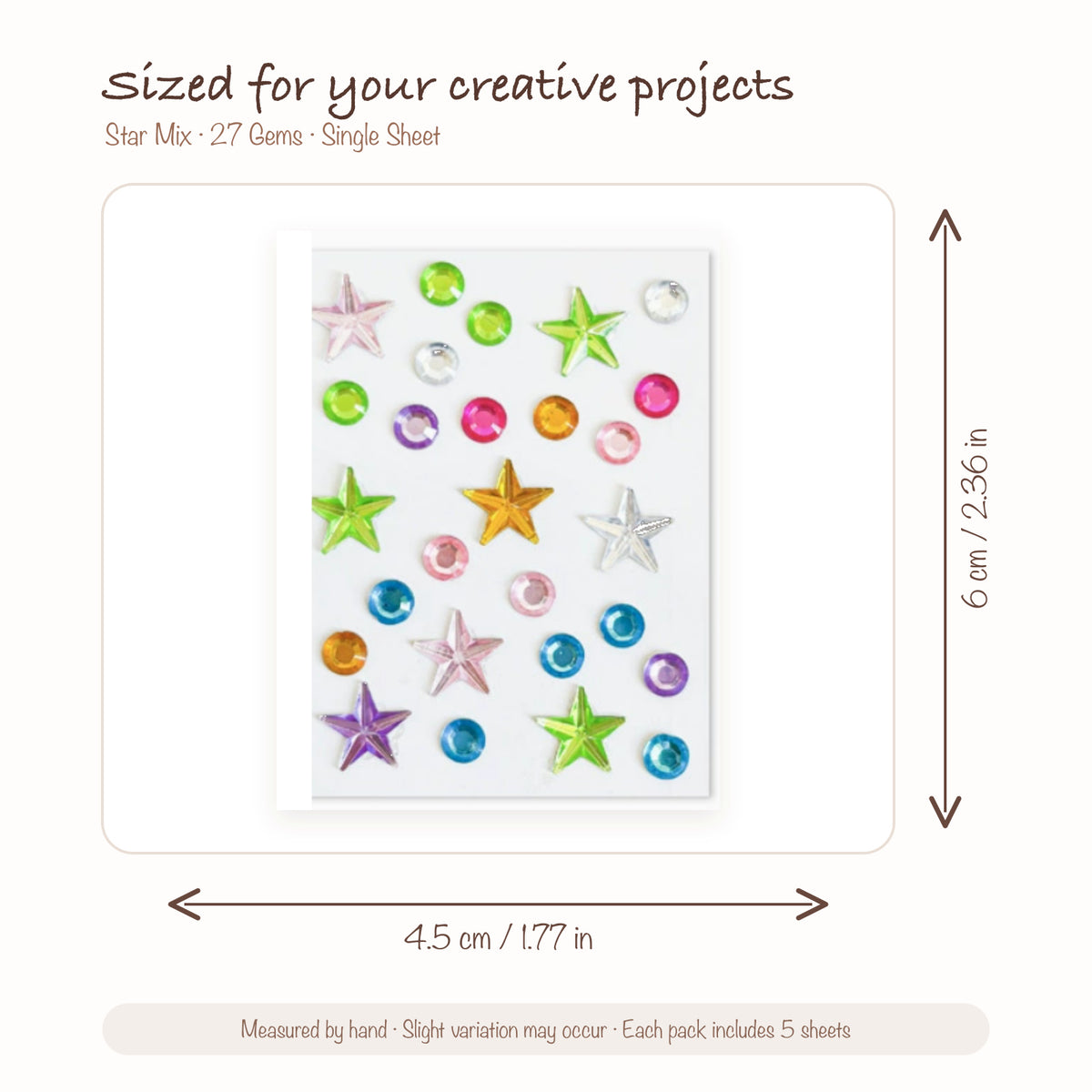 JOYJOY SKU SIZE WG-STAR-027 | Star Mix — 27 Gems single sticker sheet size: 4.5 × 6 cm (1.77 × 2.36 in); five sheets included per pack