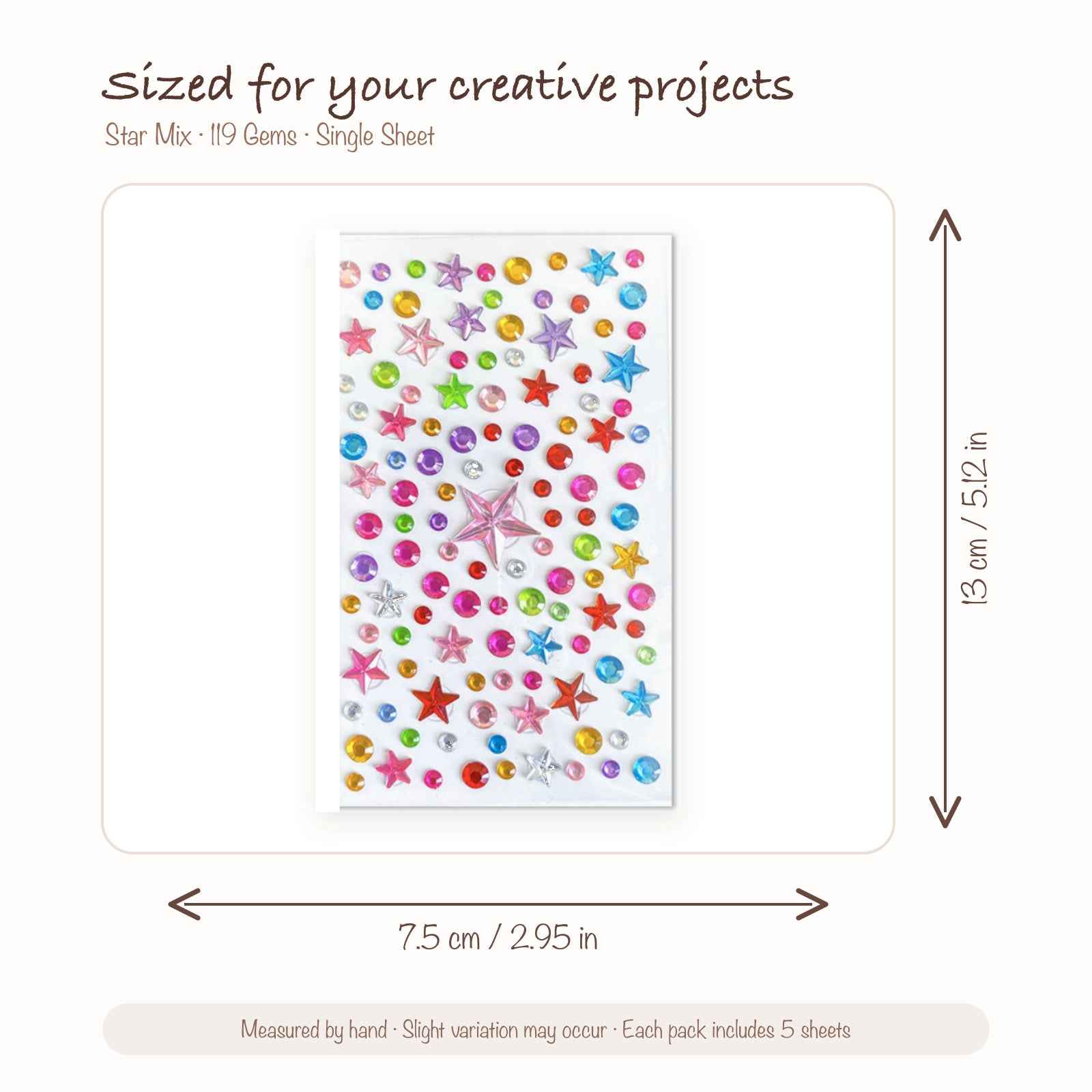 JOYJOY SKU SIZE WG-STAR-119 | Star Mix — 119 Gems single sticker sheet size: 7.5 × 13 cm (2.95 × 5.12 in); five sheets included per pack