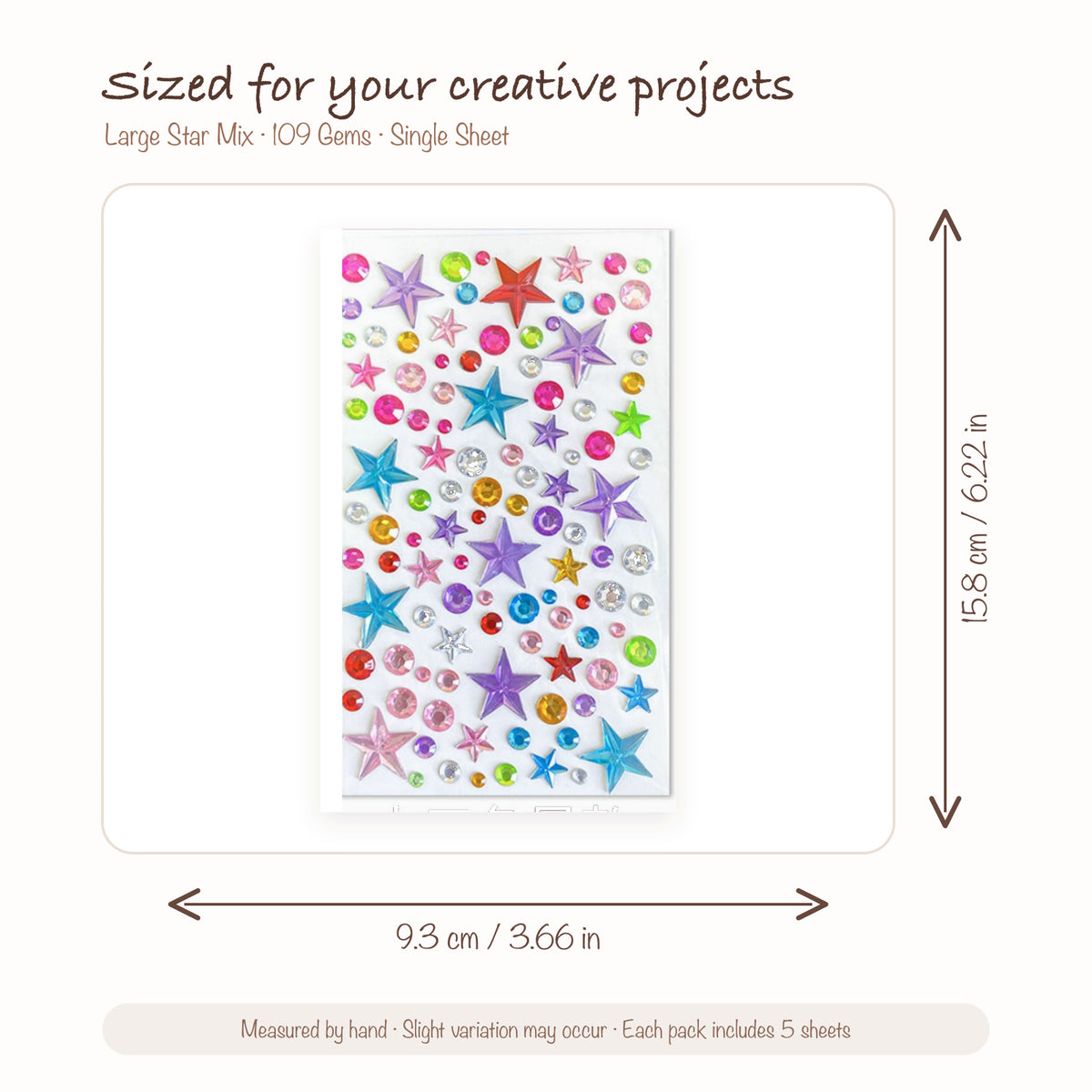 JOYJOY SKU SIZE WG-STAR-L109 | Large Star Mix — 109 Gems single sticker sheet size: 9.3 × 15.8 cm (3.66 × 6.22 in); five sheets included per pack