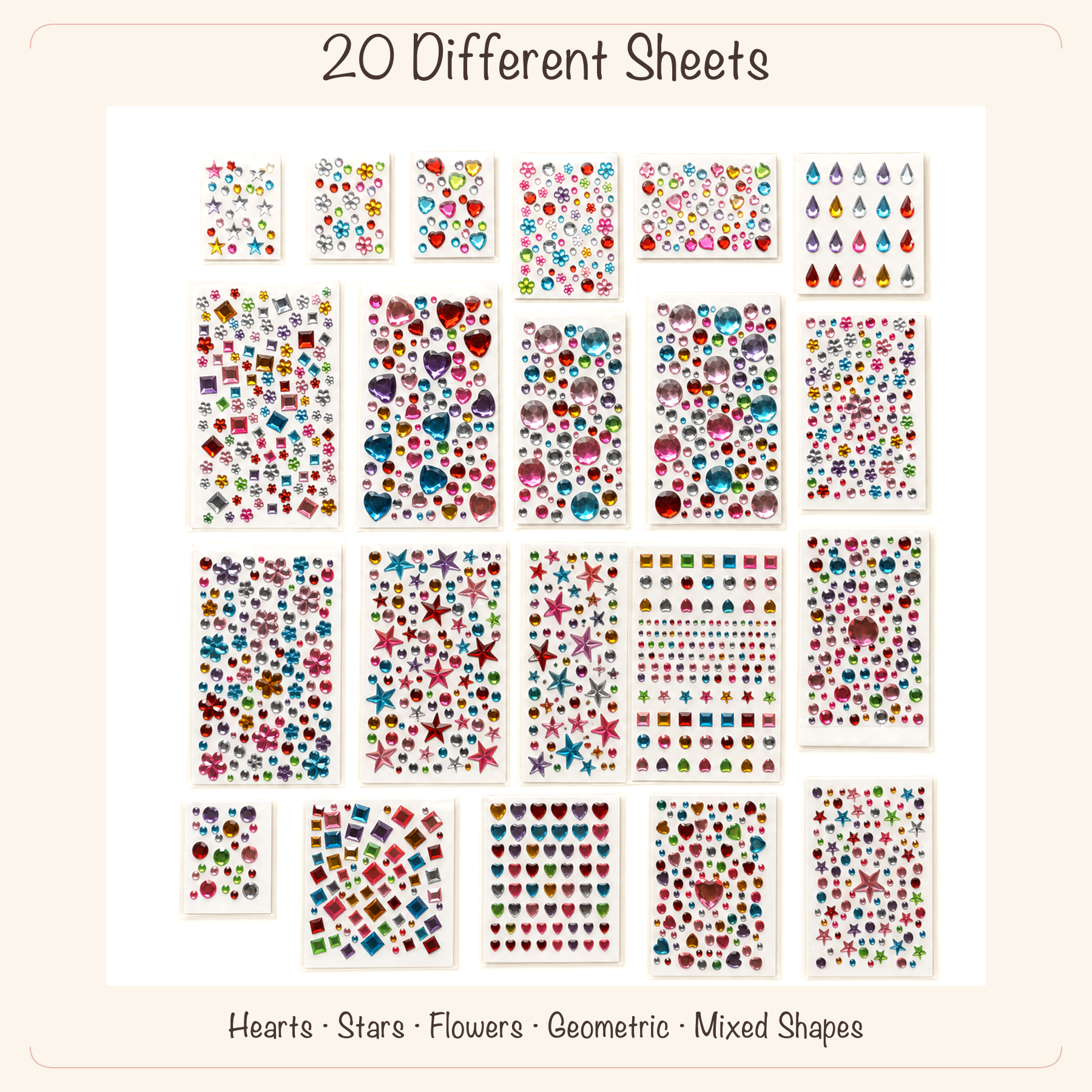 Twenty bright gem sticker sheets in five visibly different sizes with hearts, stars, flowers, geometric, and mixed shapes