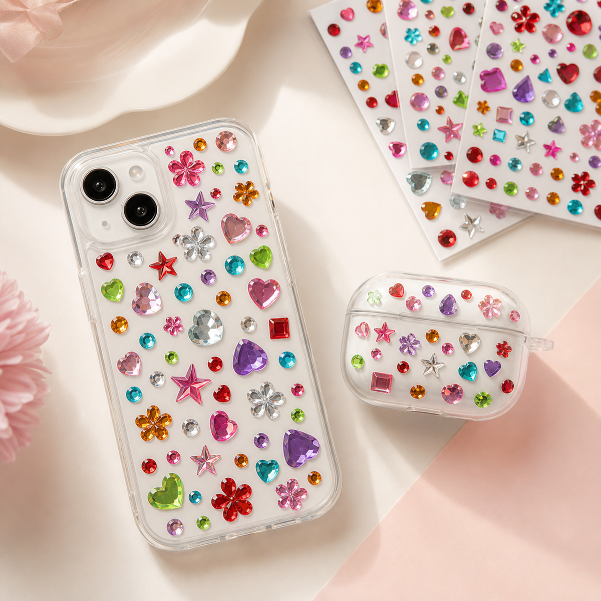 Finished clear phone case and earbuds case decorated with colorful gem stickers in a bright JoyJoy craft scene