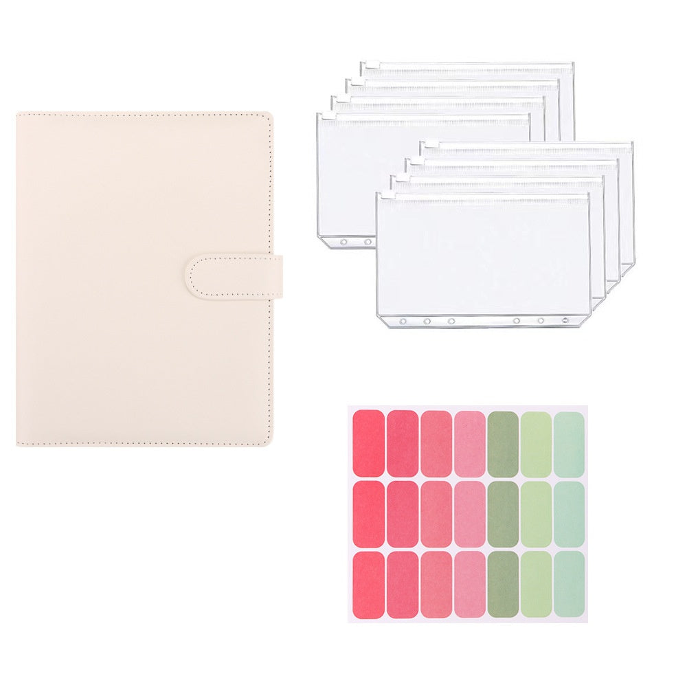 White A5 macaron planner binder set with zipper pouches and colorful labels on a white background