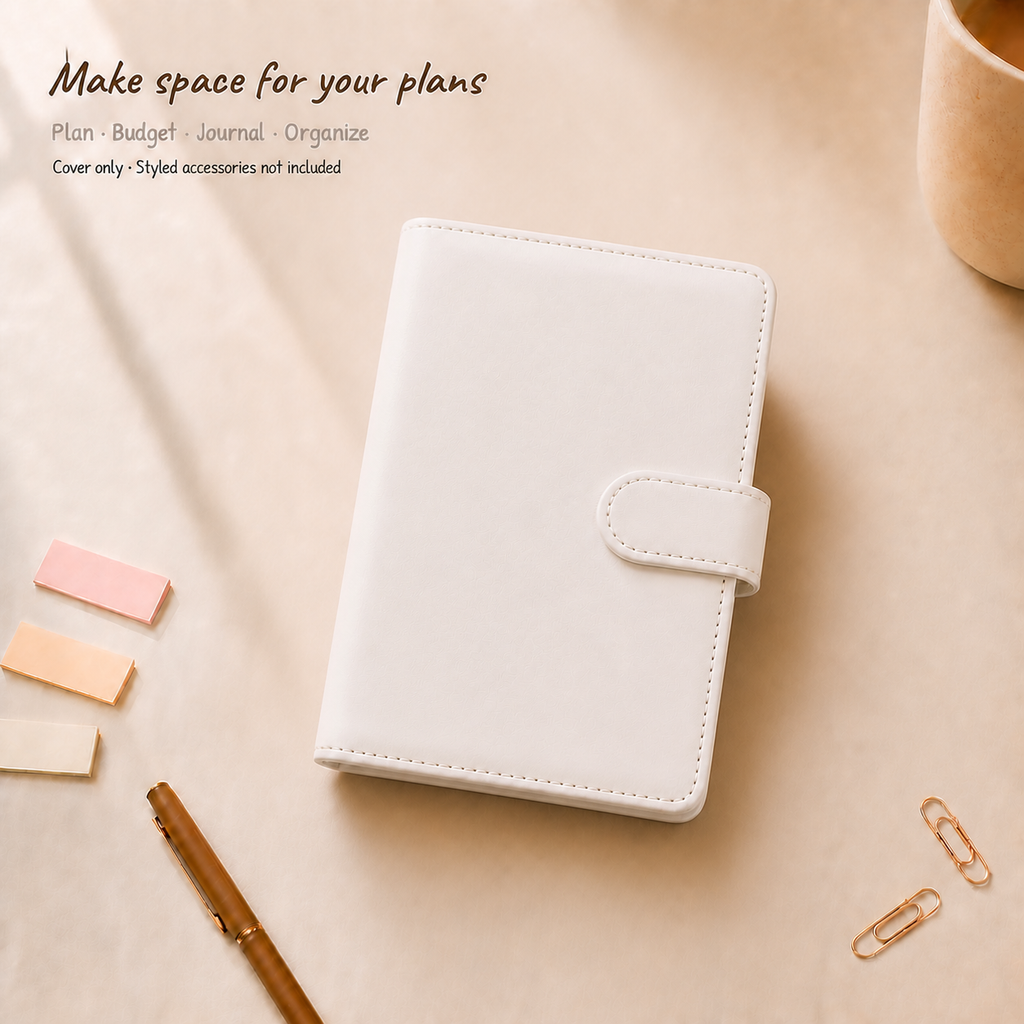 White A6 Macaron six-ring planner binder cover on a warm ivory desk; styled accessories are not included