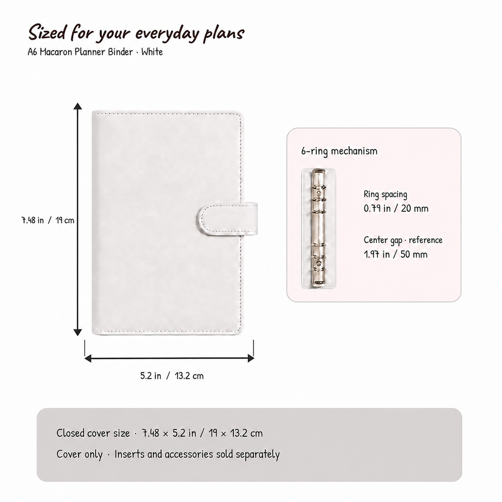 White A6 Macaron planner binder hand-measured size and six-hole spacing compatibility guide