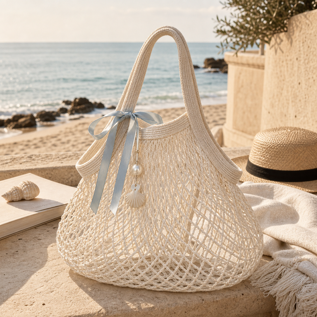 White cotton net tote bag with a pale blue ribbon and shell charm on a seaside terrace