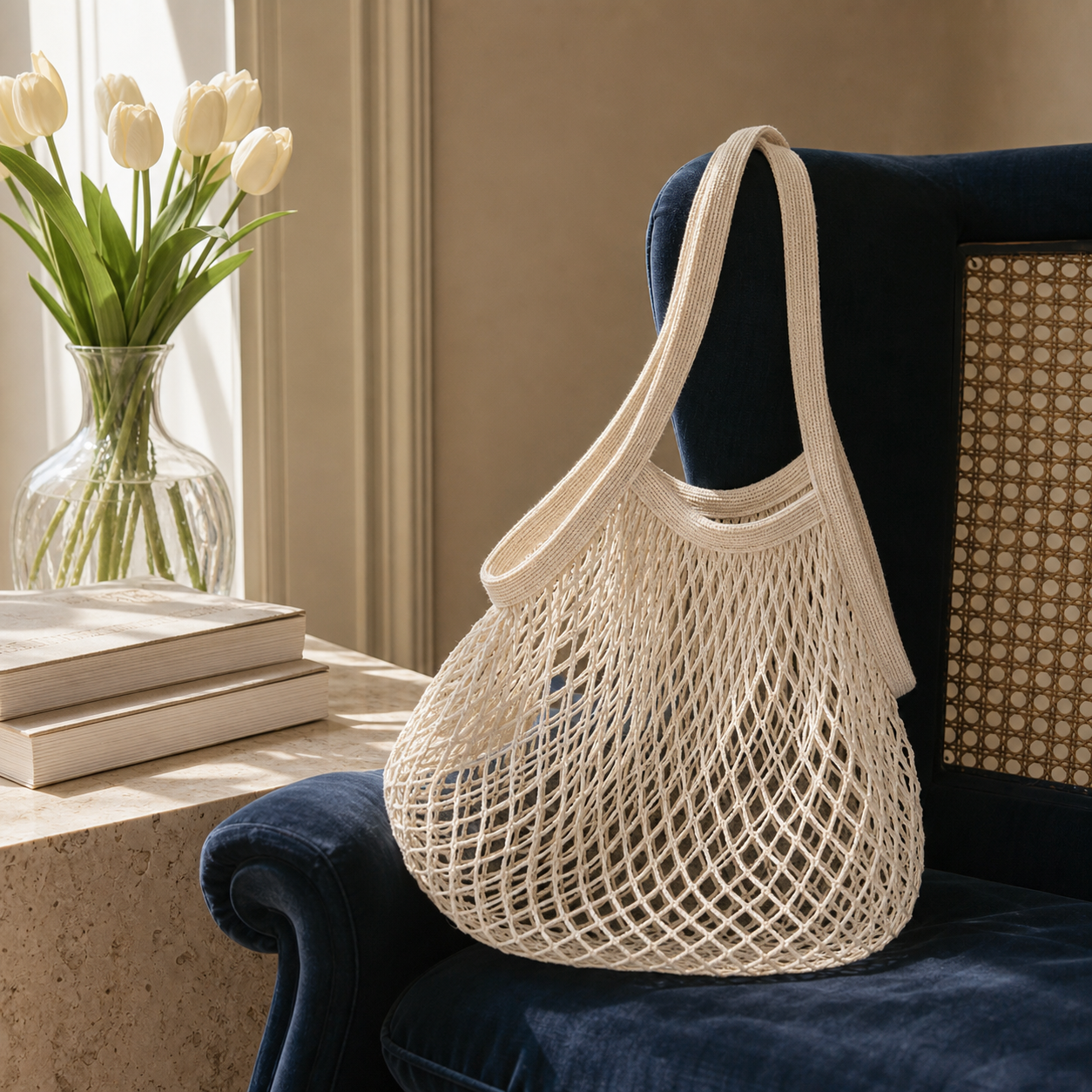 White cotton net tote bag styled on a navy chair beside cream tulips and art books