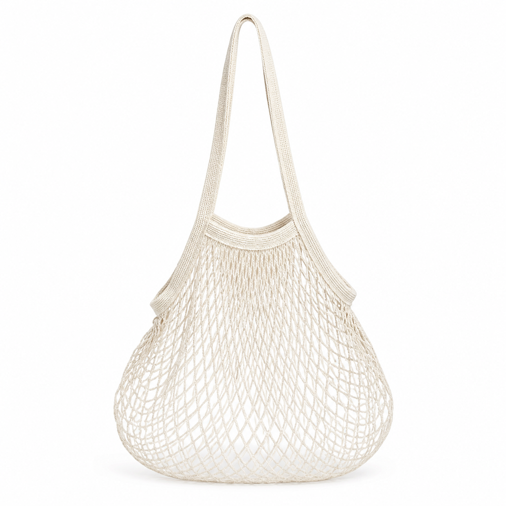 White cotton net tote bag with long shoulder handles on a white background