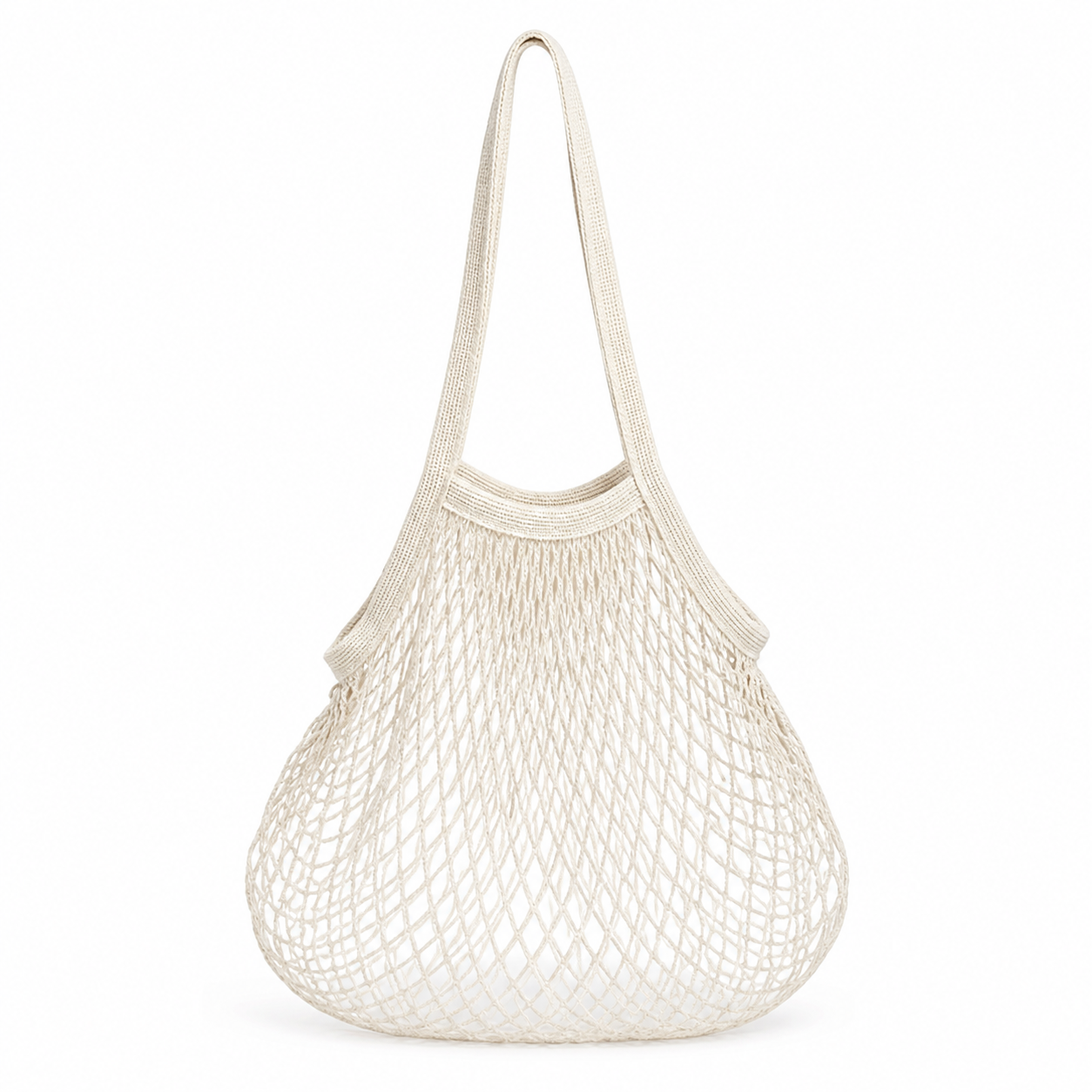 White cotton net tote bag with long shoulder handles on a white background