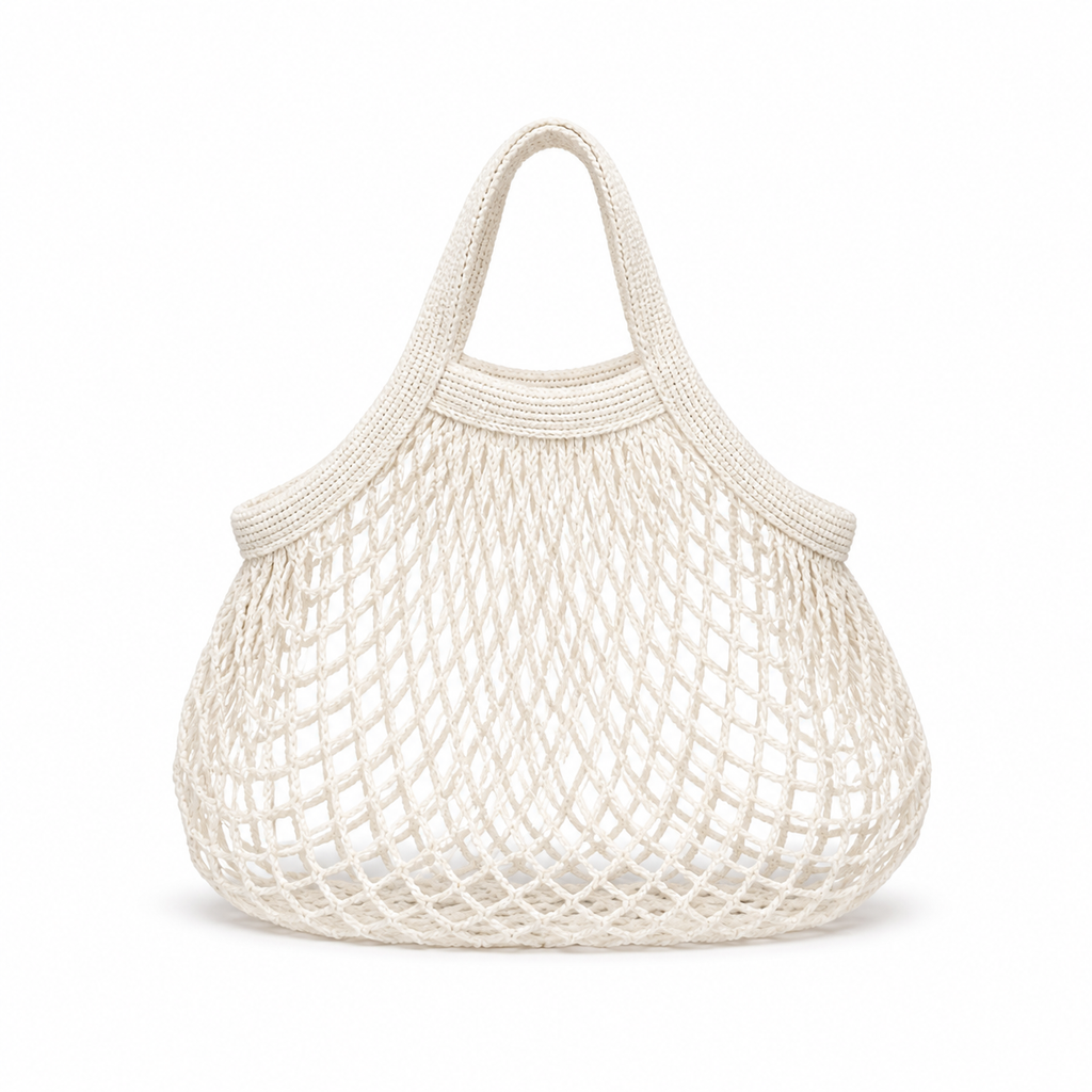White cotton net tote bag with short handles on a white background