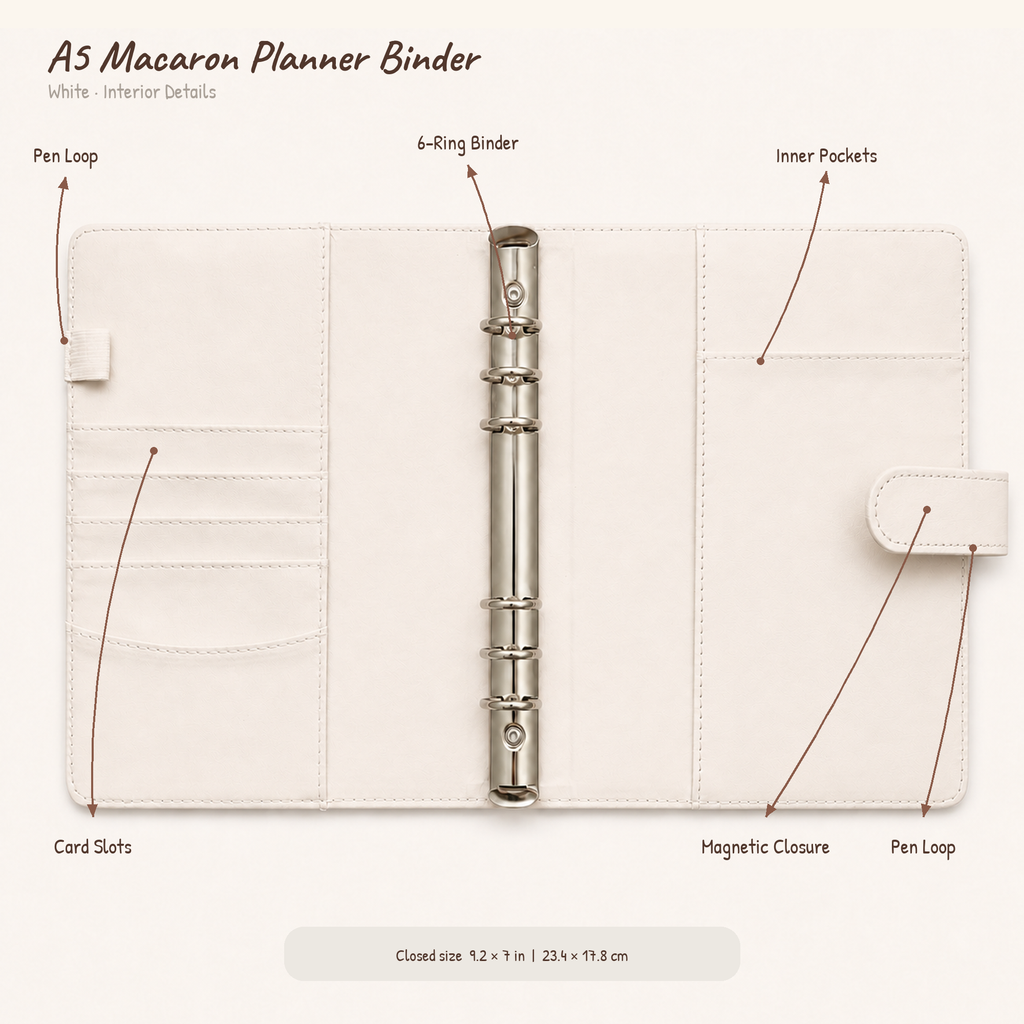 White A5 Macaron Planner Binder interior with card slots, pockets, pen loops, magnetic closure and six-ring mechanism