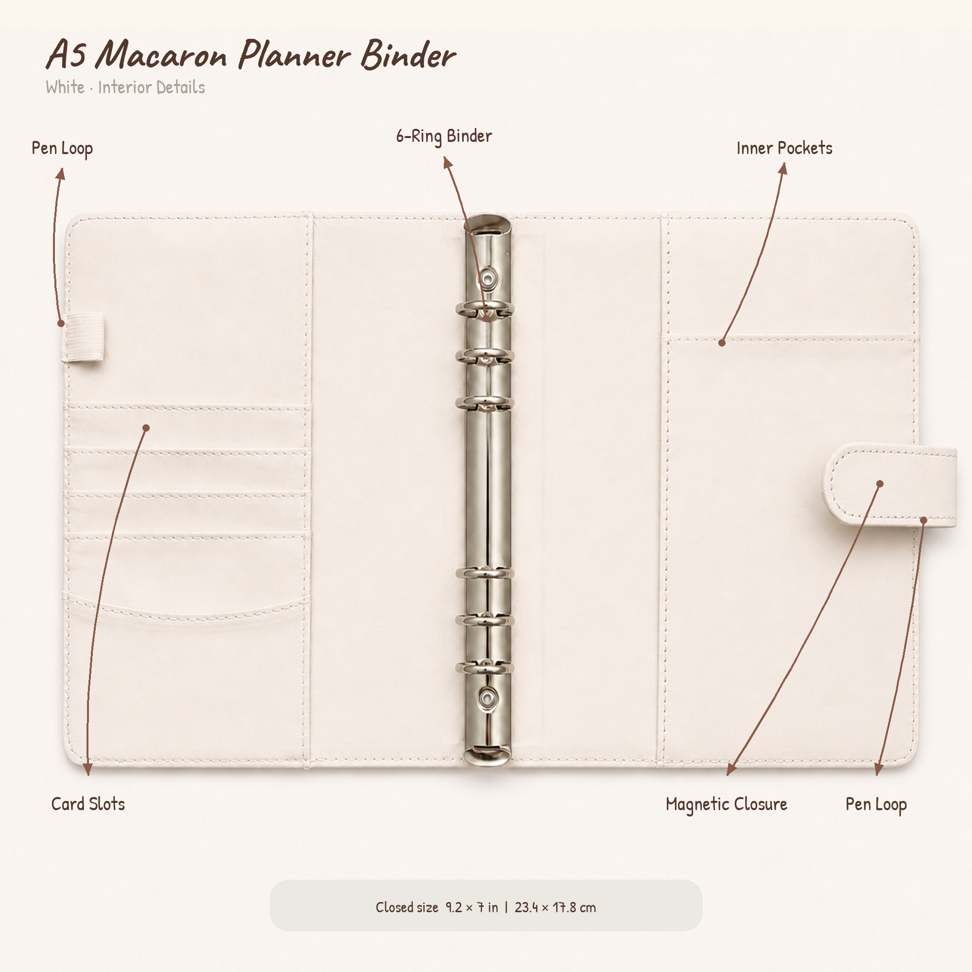 White A5 Macaron Planner Binder interior with card slots, pockets, pen loops, magnetic closure and six-ring mechanism