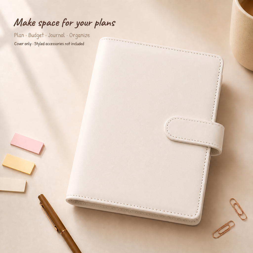 White A5 Macaron Planner Binder on a calm morning desk, cover only