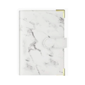 White marble A6 budget binder cover with gold corner protectors on a white background