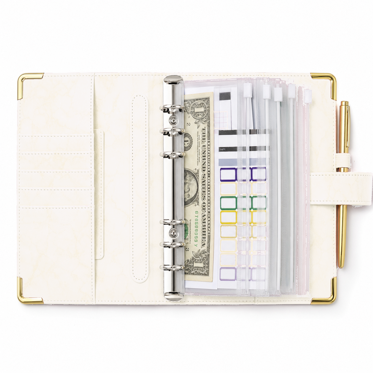 Open white marble A6 cash envelope budget binder with clear zipper envelopes on a white background