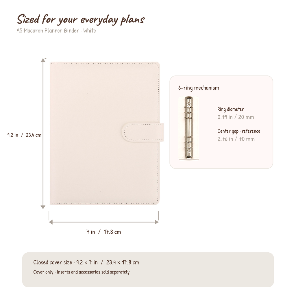 White A5 Macaron Planner Binder size and six-ring compatibility guide