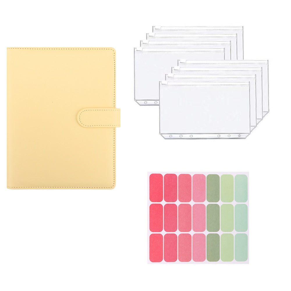 Yellow A5 macaron planner binder set with zipper pouches and colorful labels on a white background