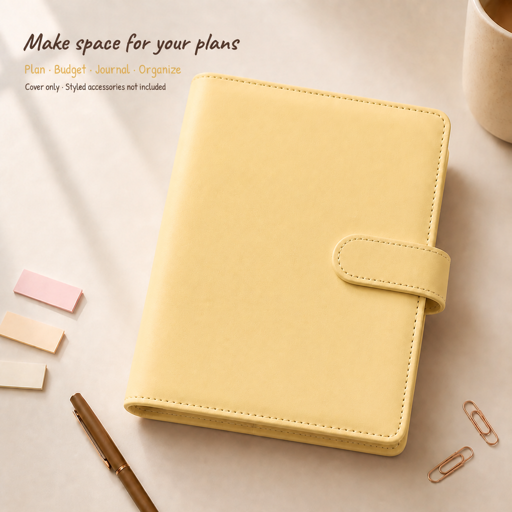 Butter Yellow A5 Macaron planner binder on a warm ivory desk; cover only