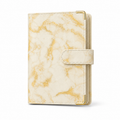 Yellow marble A6 budget binder cover with gold corner protectors on a white background