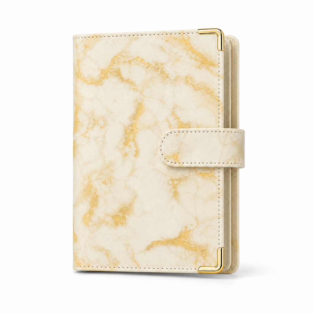 Yellow marble A6 budget binder cover with gold corner protectors on a white background