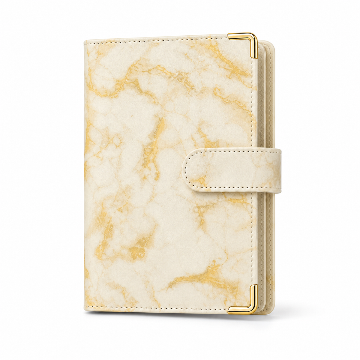Yellow marble A6 budget binder cover with gold corner protectors on a white background