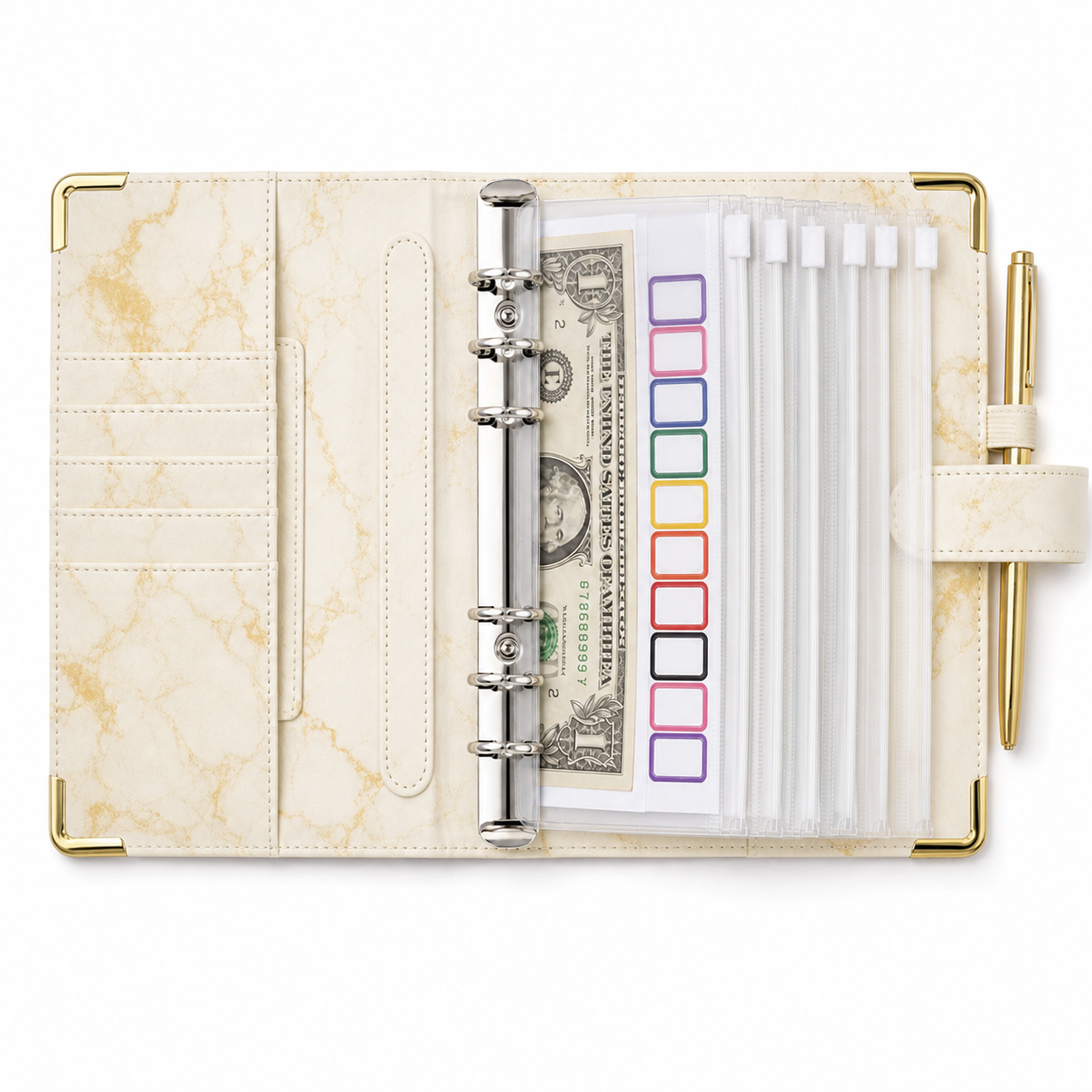Open yellow marble A6 cash envelope budget binder with clear zipper envelopes on a white background
